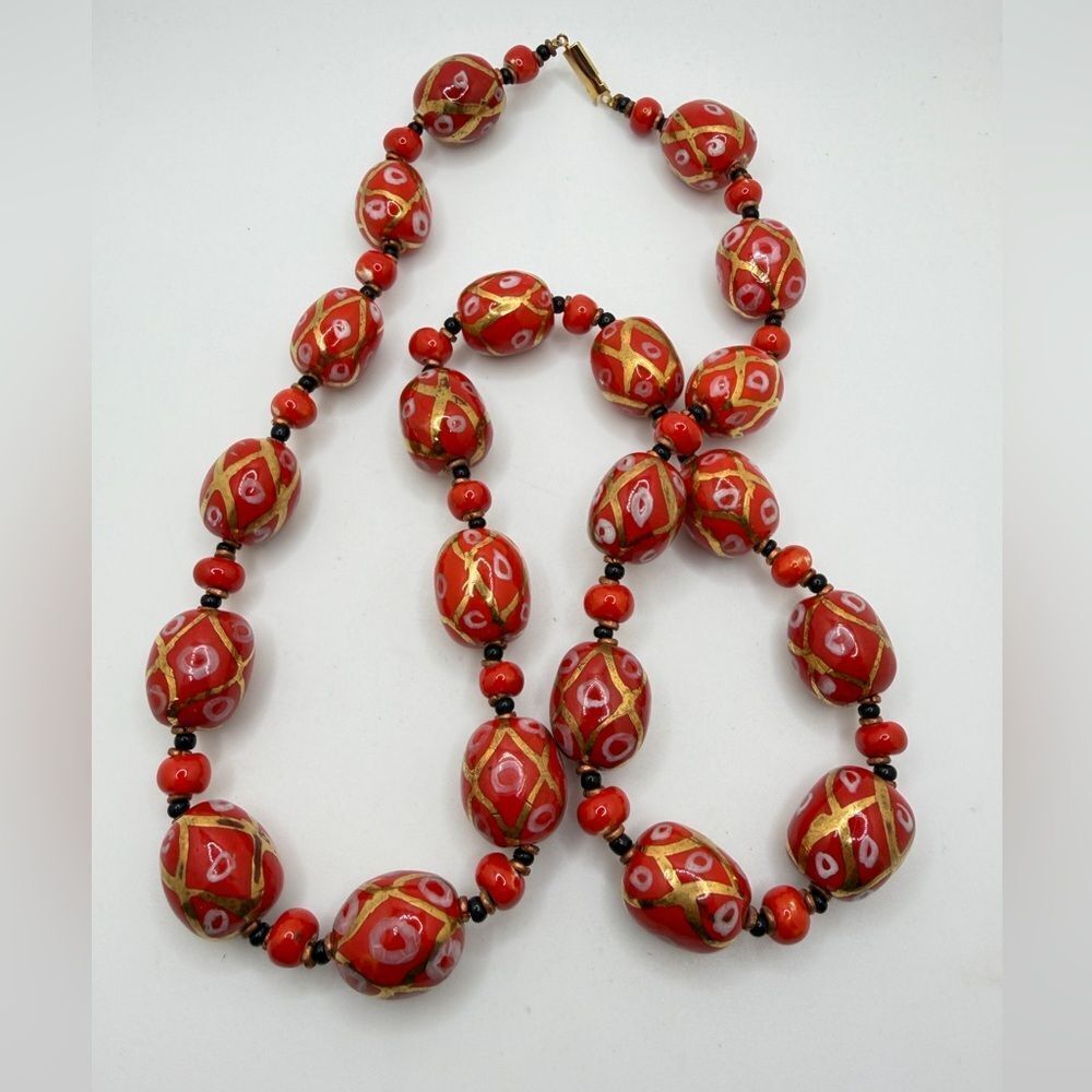 28" RARE Red & Gold Ceramic Kazuri,‎ Kenyan clay bead necklace!